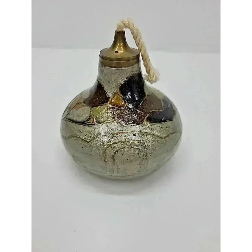 Vintage Brass Oil Pot Hand Clad with Ceramic Details Unused